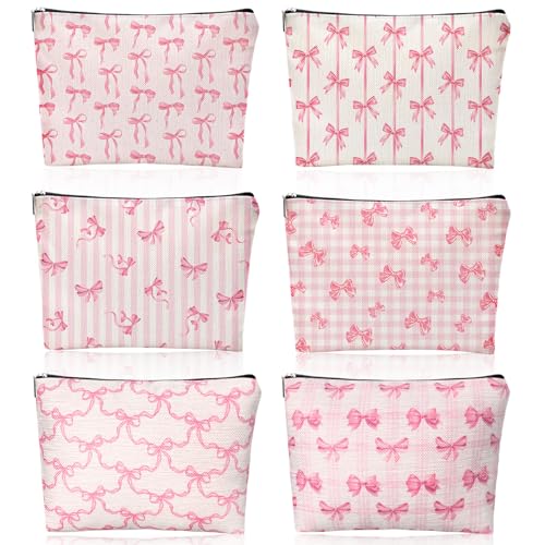 Kacctyen 6 Pcs Pink Bow Makeup Bags - Coquette Style Cosmetic Bags for Women (Bow Variation)