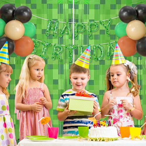 Green Pixel Miner Foil Fringe Curtains - 2 Pack, 3.3x6.6ft for Gamer Party