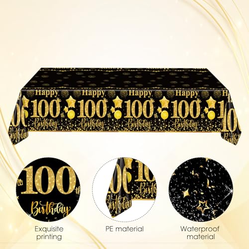 100th Birthday Tablecloth Set - 3 Black & Gold Covers for Party