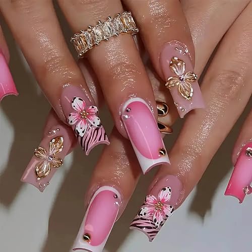 Pink Long Square Press On Nails with 3D Flower Design - 24pcs
