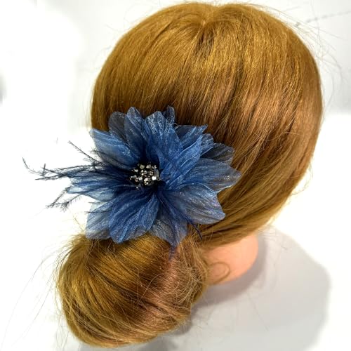 Sanrich 4pcs Organza Flower Feather Hair Clips - Blue
