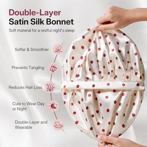 LitBear Red Dots Silk Satin Sleep Bonnet for Women - Protective Hair Wrap