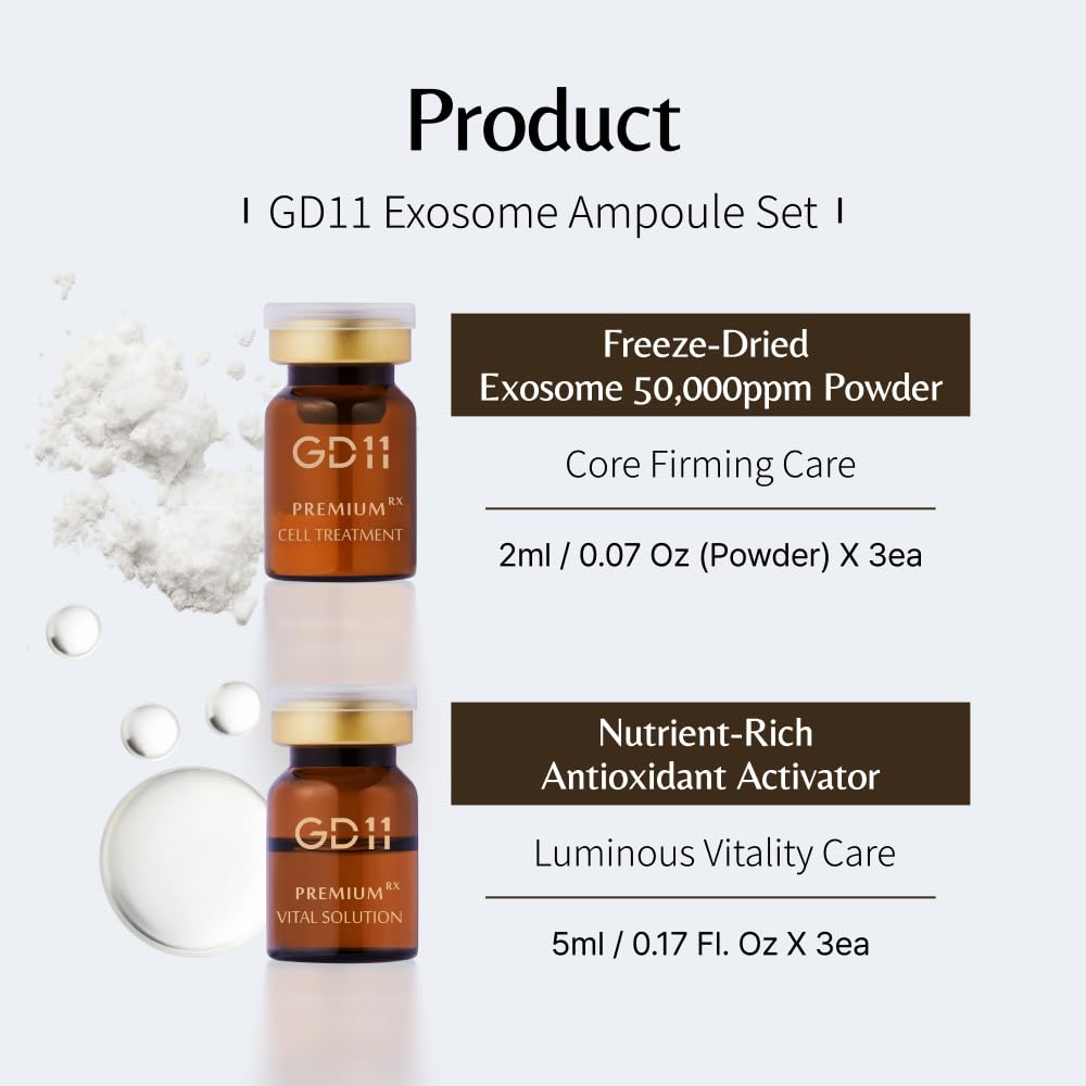GD11 Exosome Ampoule Set, Freeze-Dried Powder 0.07 fl oz + Moisture Activator 0.17 fl oz, Firm-Looking Skin & Even Tone, K-beauty Glass-Skin Glow, 3 Pairs (50,000ppm Exosome Powder + Activator)