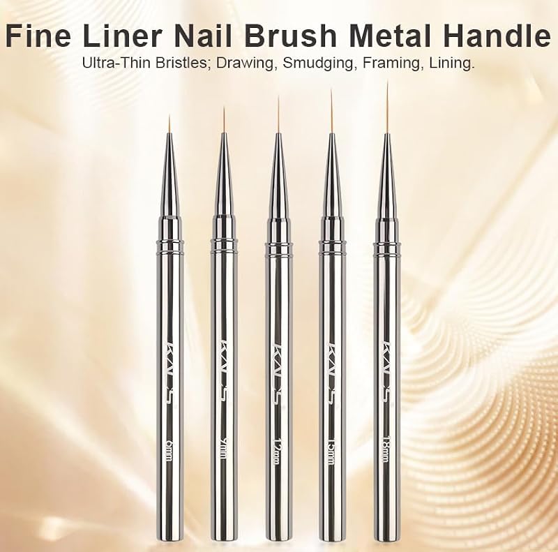 KADS Fine Liner Nail Brush Set with Metal Handle - 5 Sizes