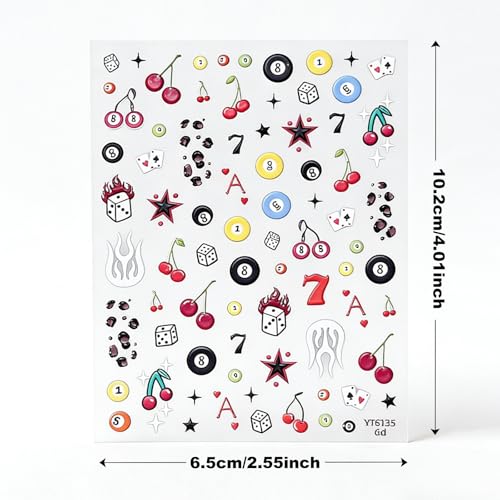 SKYCLOUD Self-Adhesive 3D Nail Stickers - Pool Balls & Dice Design, Lucky 7, Casino Theme, 3 Sheets - Nails Sticker-zh513