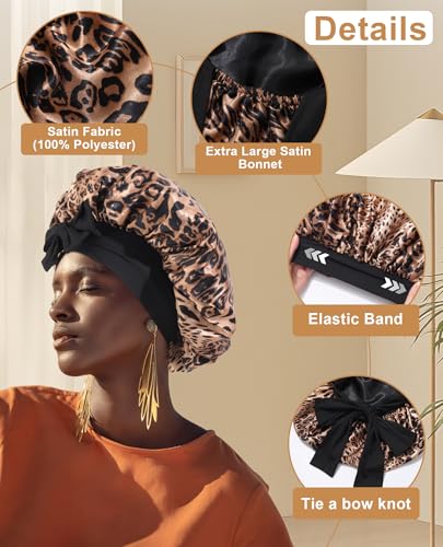 Black Leopard Large Satin Bonnet for Women - Extra Large Sleep Hair Wrap, Adjustable Tie