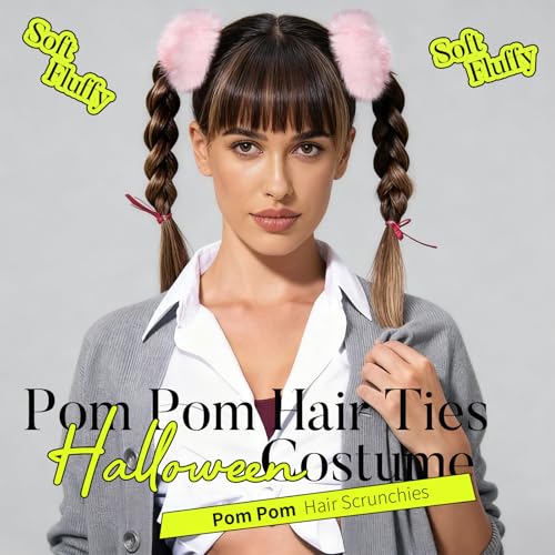Pink Pom Pom Hair Ties - 4 Pack Furry Scrunchies for Girls & Women