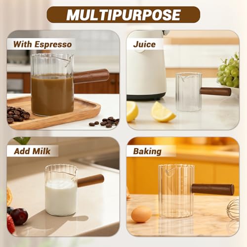 9 Oz Espresso Measuring Cup with Wood Handle - Glass Milk Frother
