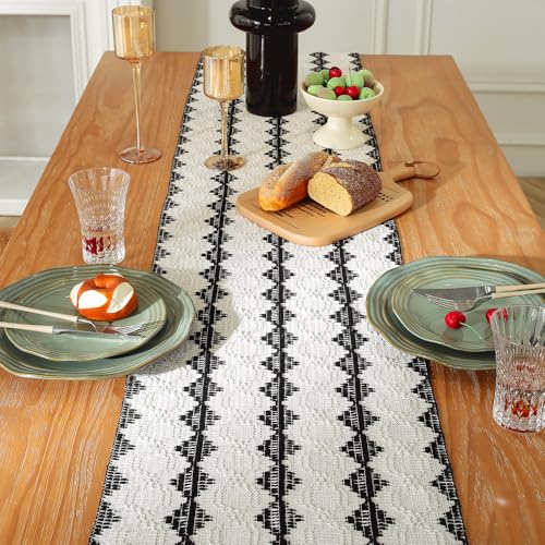 Boho Macrame Table Runner with Tassels - 72" Black & White