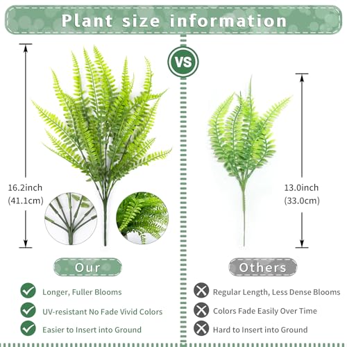 12 Bundles UV Resistant Artificial Boston Ferns - Lifelike Faux Plants for Indoor & Outdoor Decor