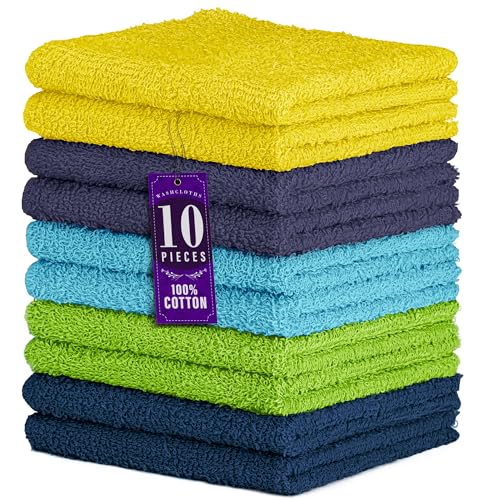 100% Cotton Washcloths - Soft & Absorbent 10-Pack, 12x12 in
