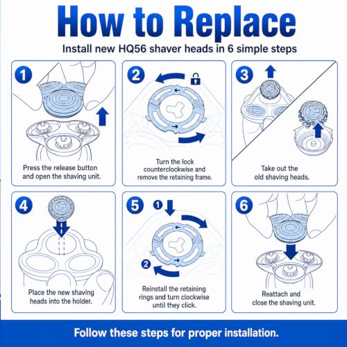 3PCS Replacement Shaver Heads Compatible with Philips Norelco HQ3 HQ4 HQ55 HQ56 HQ6 - Easy Install & Clean