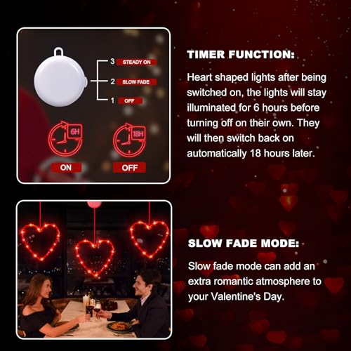 Battery Powered Heart Shaped Window Lights - 3 Pack Valentine's Day Decor