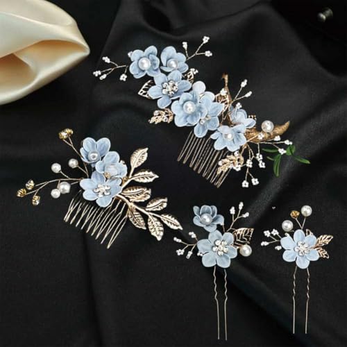 Gold & Blue Pearl Rhinestone Hair Comb for Brides & Bridesmaids