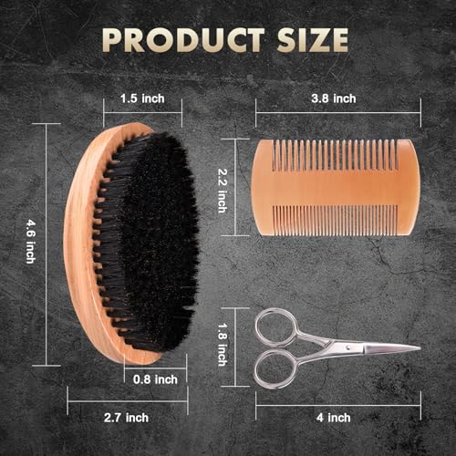 Men's Boar Bristle Beard Brush Set with Wooden Comb & Scissors - Travel Grooming Kit