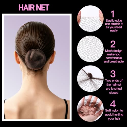 FANDAMEI Hair Nets Set for Buns with Bobby Pins & Elastic Ties - Brown, 20PCS