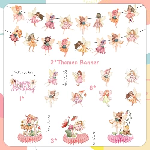 Fairy Birthday Party Decorations Set - 14 Pcs Banners, Swirls & Cake Topper