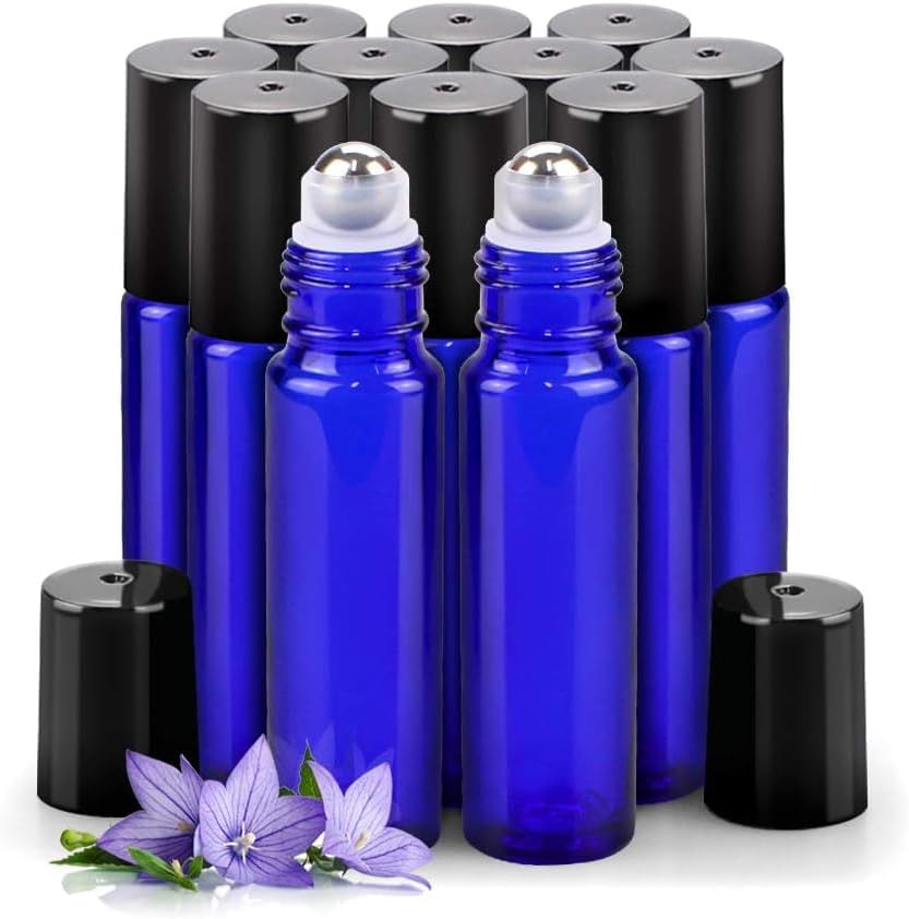Essential Oil Roller Bottles - 4 Pack 10ml Amber Glass with Stainless Steel Caps | Travel Perfume & Lip Gloss