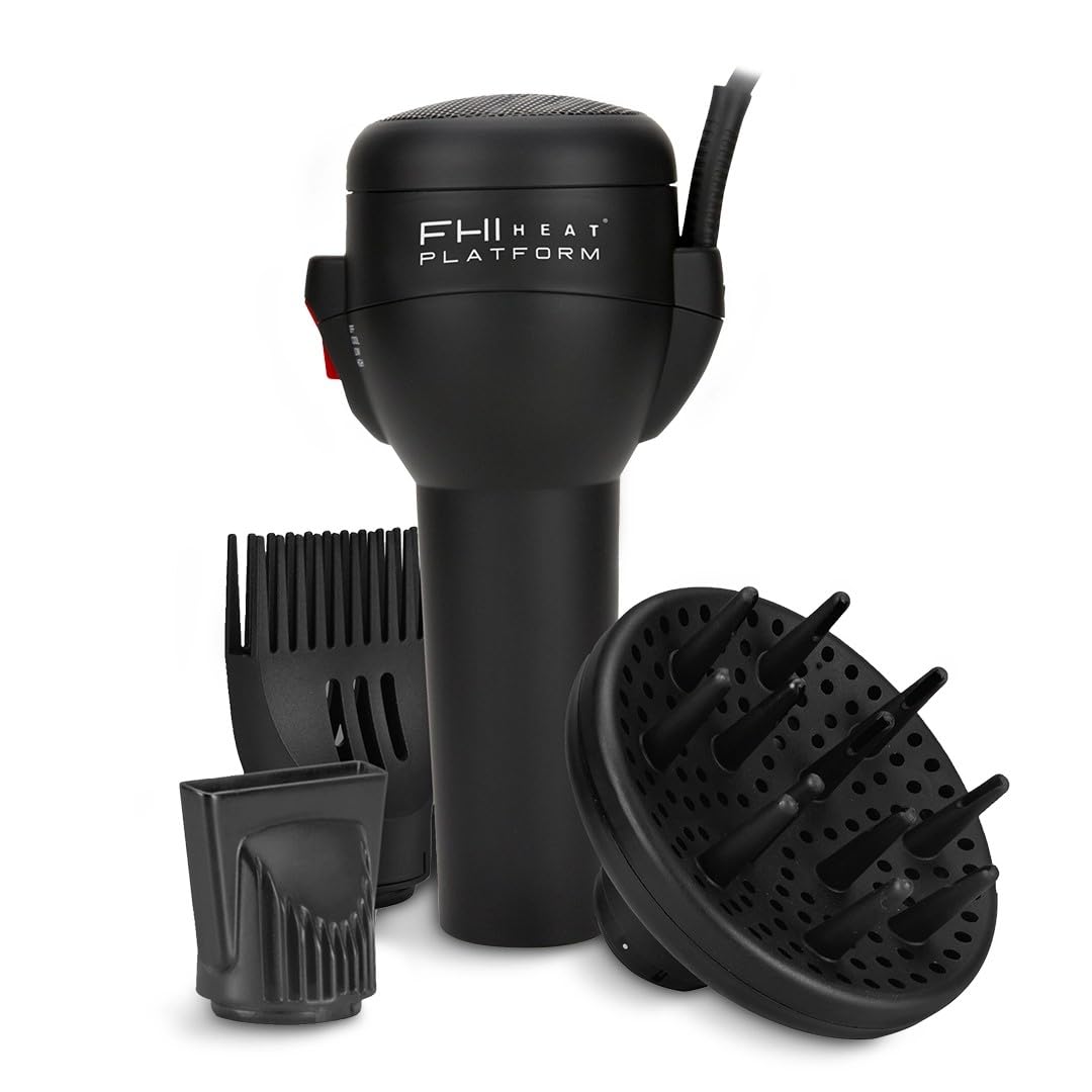 FHI Heat Hair Dryer - Handle-Less Negative Ion Blow Dryer for Frizz-Free Styles | Lightweight with Diffuser, Nozzle & Comb