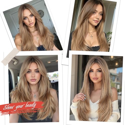 Allbell 24-Inch Ombre Light Brown Long Straight Layered Synthetic Wig