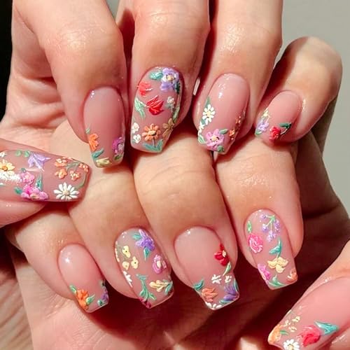 Colorful 3D Flower Press-On Nails | Square Acrylic Nails Set