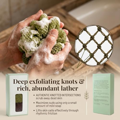 Savanna Scrub Authentic African Net Sponge - Brown & Green Exfoliating Back Scrubber, 2 Pieces