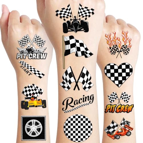 60 Race Car Temporary Tattoos - Checkered Flag Designs for Parties