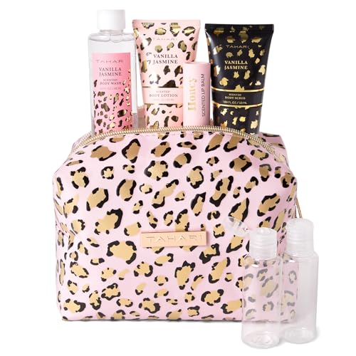 Tahari Vanilla Jasmine Spa Gift Set for Women – Leopard | Body Lotion, Wash, Scrub & Lip Balm Travel Kit
