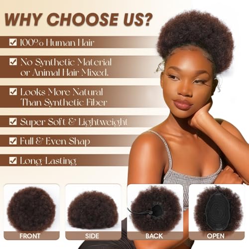 KISANOF Afro Puff Drawstring Ponytail #02 Dark Brown 6 Inch Kinky Curly Human Hair Extension