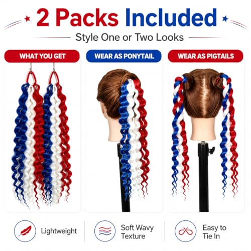 TASHEEMA Red White Blue 18 Inch Curly Ponytail Extensions 2 Pack for 4th of July & Festive Styles