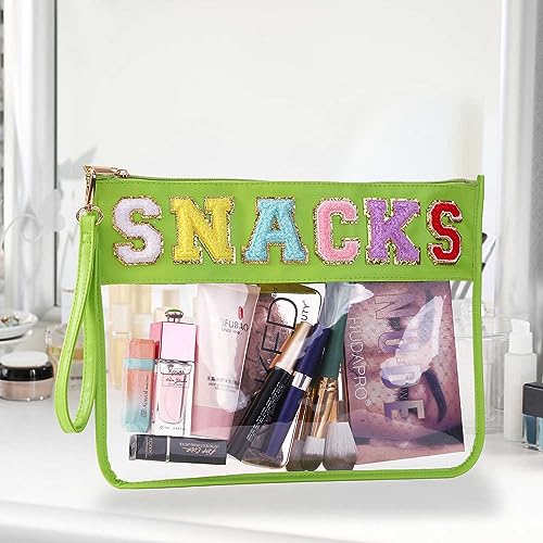 Clear Chenille Letter Tote Bag - Green SNACKS Transparent Waterproof Purse