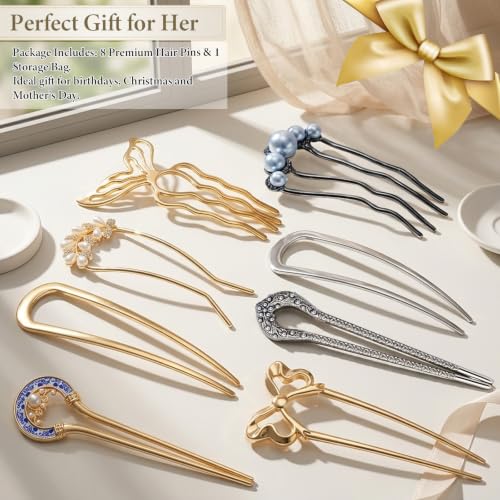 Vintage Metal French Hair Pins - Set of 8 for Elegant Hairstyles