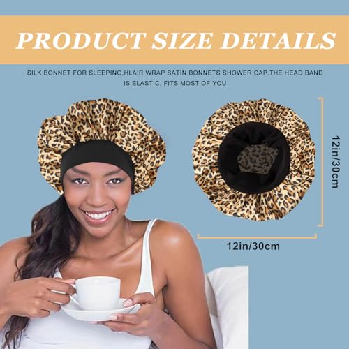 FIRSTPELLA 4PCS Silk Hair Bonnet Set for Sleeping & Shower, Elastic Wide Band, Black, Red, Purple & Leopard Print