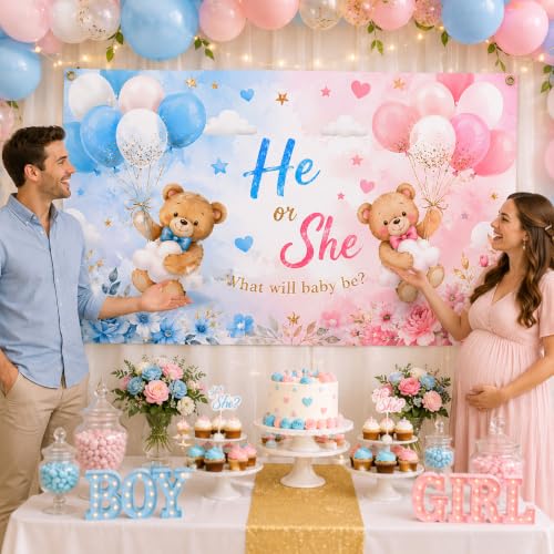 Gender Reveal Backdrop - Teddy Bear Banner, 72x43 in, Pink & Blue