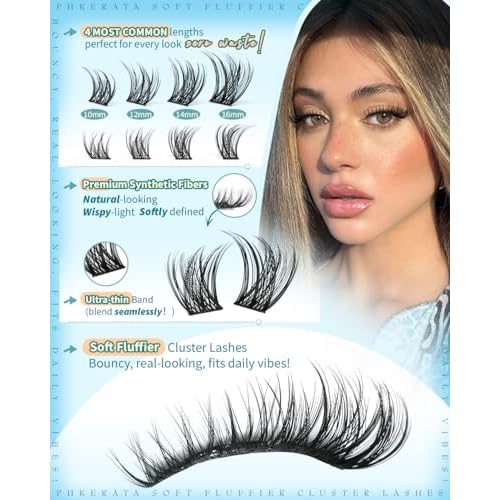 PHKERATA Wispy Lash Clusters Natural Eyelash Clusters Extensions C Curly Individual Lashes Clusters DIY Eyelash Extension with Wide Soft Thin Band,10-16MM,180Pcs