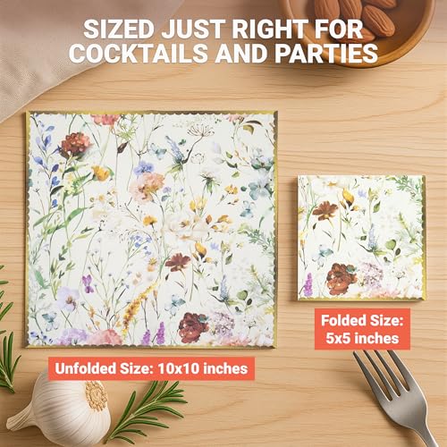 Decorably 100 Pack Floral Cocktail Napkins | 3-Ply 5x5in Spring Designs