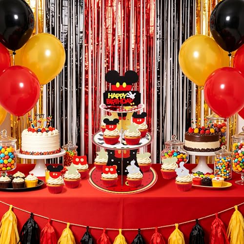3-Tier Black and Red Cupcake Stand with 10 Cartoon Toppers
