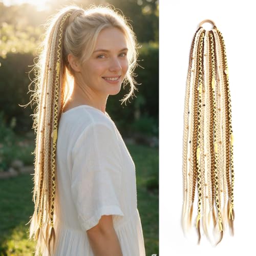24-Inch Ombre Blonde Braided Ponytail Hair Extensions with Beads | Handmade Synthetic Dreadlocks