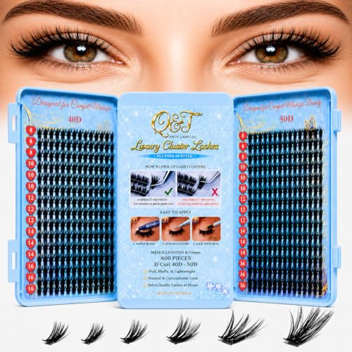 Q&T Faux Lash 600-Piece 40D-50D D Curl Cluster Lashes 8-16mm (Individual Box) with Free Mascara Shield & Eyeliner Stencil, Beginner-Friendly