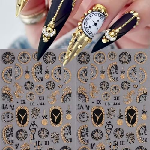 Christmas 6Pcs 3D Nail Stickers Set - Self-Adhesive Gold Glitter Clock & Countdown