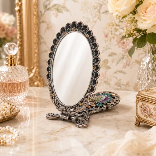 Vintage Hand Mirror with Handle - Peacock Design, Copper