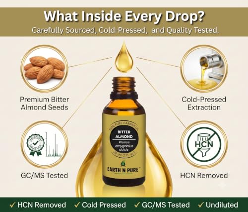 EARTH N PURE Bitter Almond Oil 50ml - Cold-Pressed Carrier Oil for Hair, Beard & Skin Care, DIY Blends