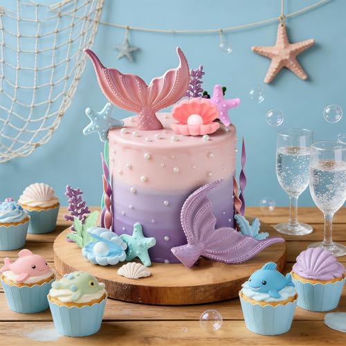 Mermaid Cake Toppers Set - 21 Piece Ocean Party Decorations