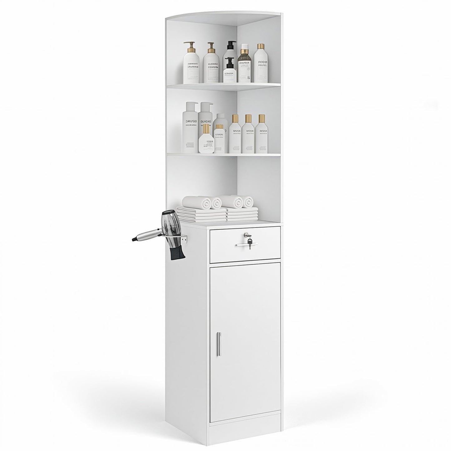 Winado Salon Corner Storage Cabinet, Wall Mount Station with Locking Drawer