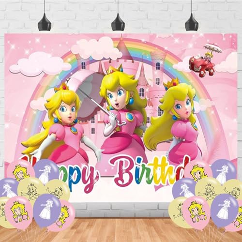 Princess Peach Happy Birthday Backdrop Banner (5x3ft) - Party Decorations