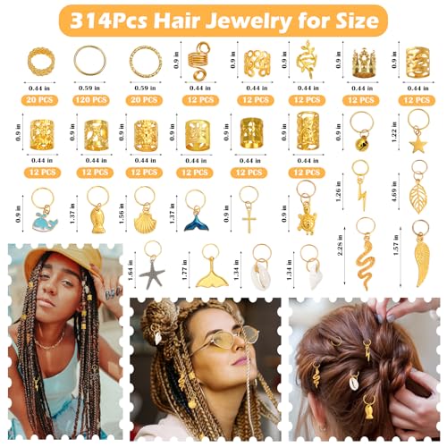 Lucomb 314 Pcs Gold Hair Jewelry Set for Braids & Locs - Women & Kids