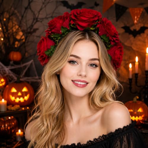 Bodermincer Dark Red Rose Flower Headband for Women, Floral Hair Hoop