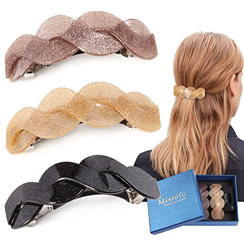 Mistofu French Hair Barrettes for Thick Hair - 3 Pack Sparkly Acrylic Clips