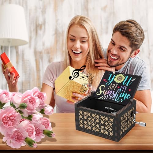 Huntmic You Are My Sunshine Hand Crank Music Box - Vintage Wooden Gift