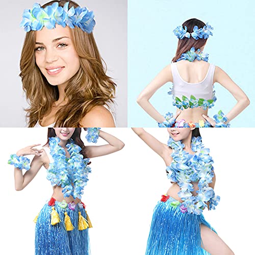 Blue Hawaiian Leis Headband & Flower Necklace Set for Beach Party & Luau